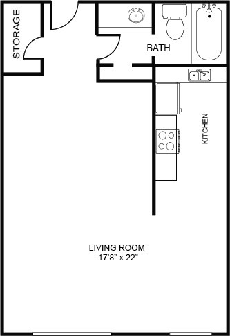 Floor plan for studio, 1 bath, 580 sqft